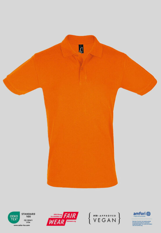 Herren Polo Shirt mit PETA zertifikat Firmenlogo in orange