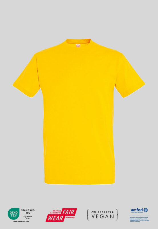 T-Shirt mit Firmenlogo und PETA Zertifikat in gelb
