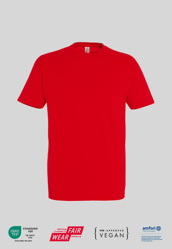 T-Shirt mit Firmenlogo und PETA Zertifikat in rot