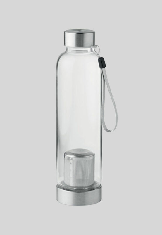 Wasserflasche aus Borosilikatglas mit einem Teesieb im Boden.