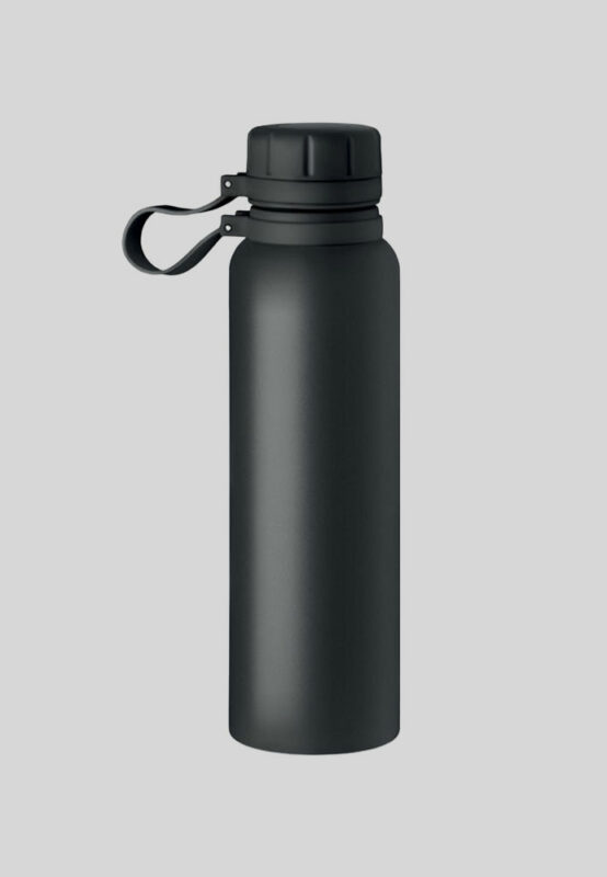 Schöne Aluminiumflasche mit Silikongriff in schwarz.