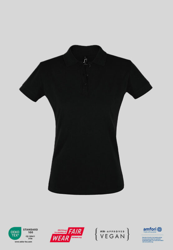 Damen Polo Shirt mit PETA zertifikat und mit Firmenlogo in schwarz