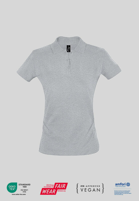 Damen Polo Shirt mit PETA zertifikat und mit Firmenlogo in heather grey