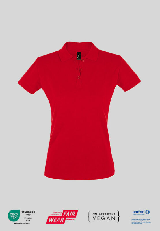 Damen Polo Shirt mit PETA zertifikat und mit Firmenlogo in rot