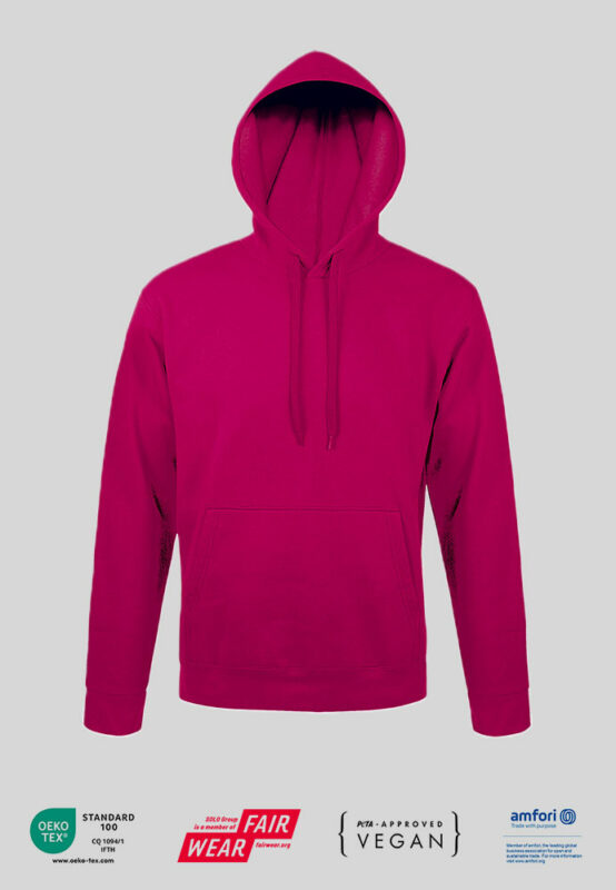 Hooded sweatshirt hoodie with PETA certificate and company logo in fuchsia