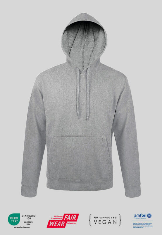 Kapuzensweatshirt Hoodie mit PETA zertifikat und Firmenlogo in heather grey