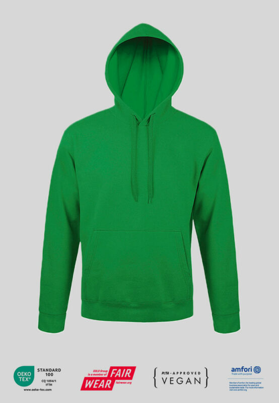 Kapuzensweatshirt Hoodie mit PETA zertifikat und Firmenlogo in kelly green