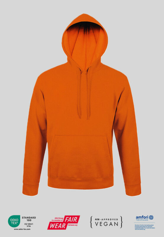 Kapuzensweatshirt Hoodie mit PETA zertifikat und Firmenlogo in orange