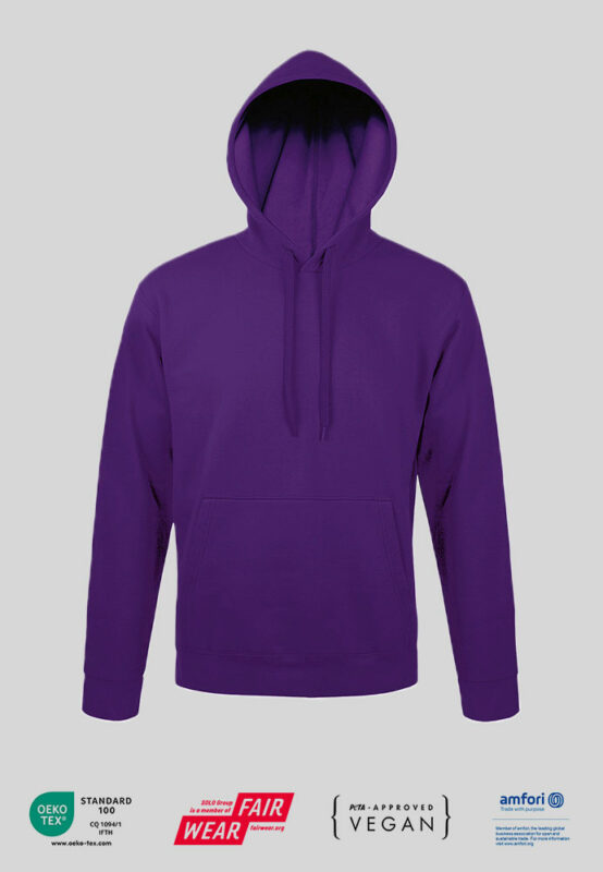 Kapuzensweatshirt Hoodie mit PETA zertifikat und Firmenlogo in dark purple