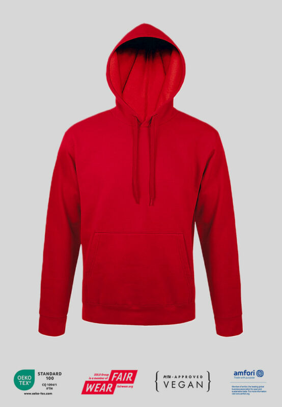 Kapuzensweatshirt Hoodie mit PETA zertifikat und Firmenlogo in rot