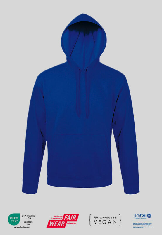 Kapuzensweatshirt Hoodie mit PETA zertifikat und Firmenlogo in royal blau