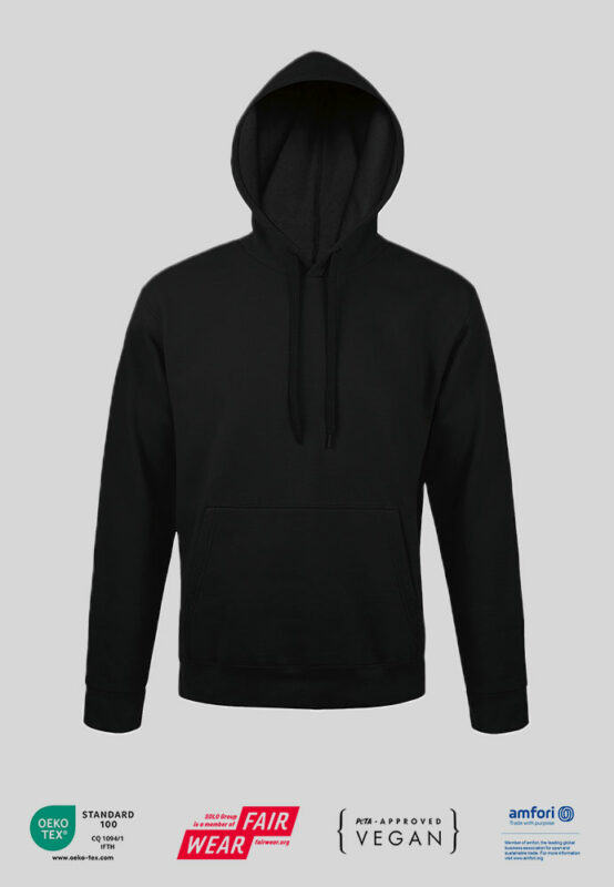 Kapuzensweatshirt Hoodie mit PETA zertifikat und Firmenlogo in schwarz