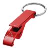 Red bottle and can opener made from recycled aluminium with key ring.