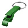 Green bottle and can opener made of recycled aluminium with key ring and recycling symbol.