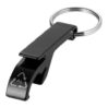 Black bottle and can opener made from recycled aluminium with key ring and recycling symbol.