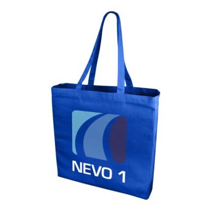 Blauer Baumwoll-Shopper mit dem Aufdruck "NEVO 1" und einem grafischen Logo.