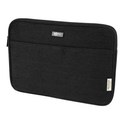 Black laptop sleeve made from recycled canvas with a zip and a front pocket.