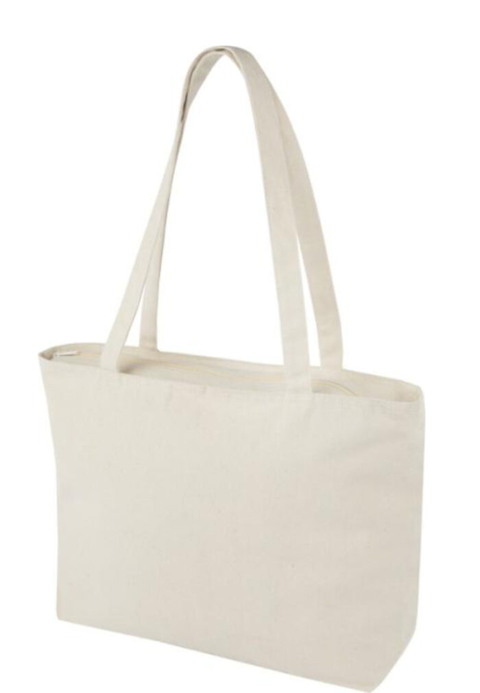 Beige Tragetasche mit zwei langen Griffen, geeignet für den täglichen Gebrauch.