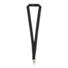 Schwarzes Lanyard mit Sicherheitsverschluss und Karabinerhaken, in V-Form angeordnet.