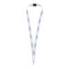 Weißes Lanyard mit Sicherheitsverschluss und wiederholtem Logo-Design.