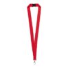 Rotes Lanyard mit Sicherheitsverschluss und Karabinerhaken, geeignet für Schlüssel oder Ausweise.