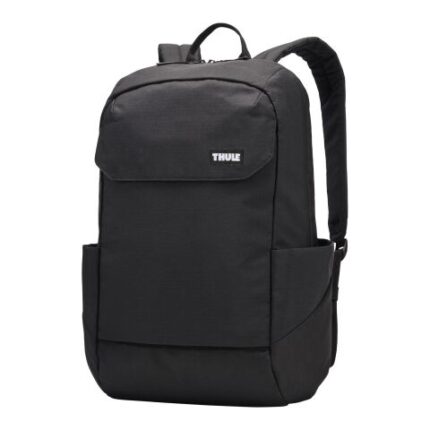 Schwarzer Thule Lithos Rucksack mit zwei seitlichen Taschen und einem oberen Fach, geeignet für den täglichen Gebrauch.